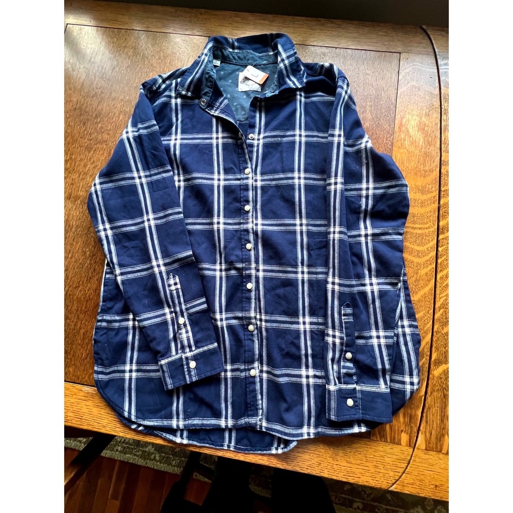 Jachs Girlfriend Navy Blue White Plaid Snap Button Down Flannel Shirt Large